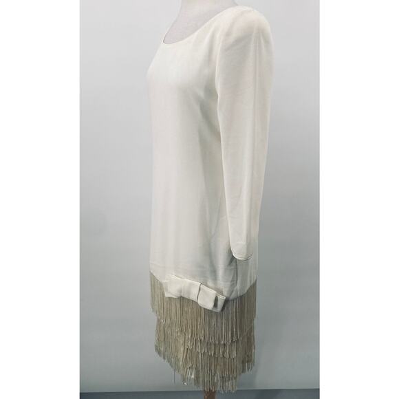 Vintage 80s Fringe Trim Dress Drop Waist Bow Detail Long Sleeves Ivory Womens 10 - Picture 6 of 12